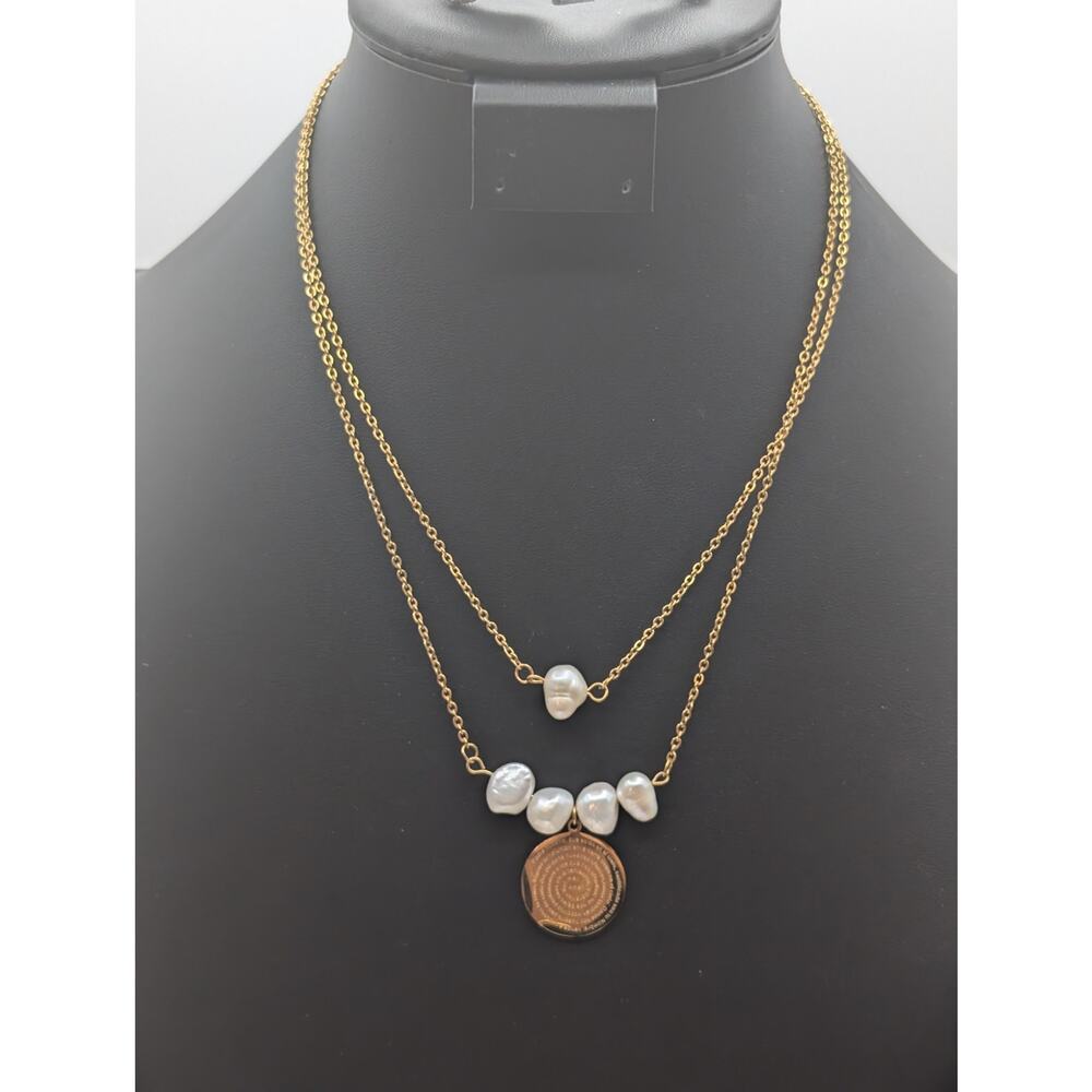 Gold Stainless Steel Pearl Double Strand Spanish 'Our Father' 17.5" Necklace